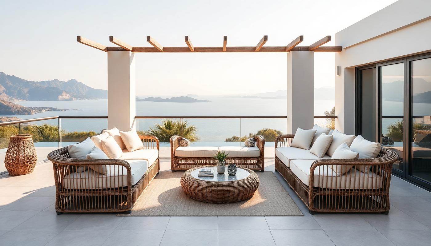 Terraço com sofás em fibra sintética e vista para o mar